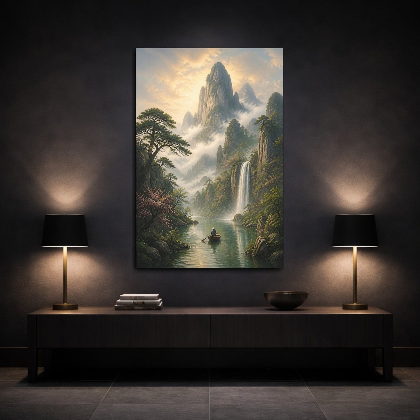 Nature Mountain Waterfall Misty Green Landscape Canvas Print – Living Room, Above Couch - YesArtYes