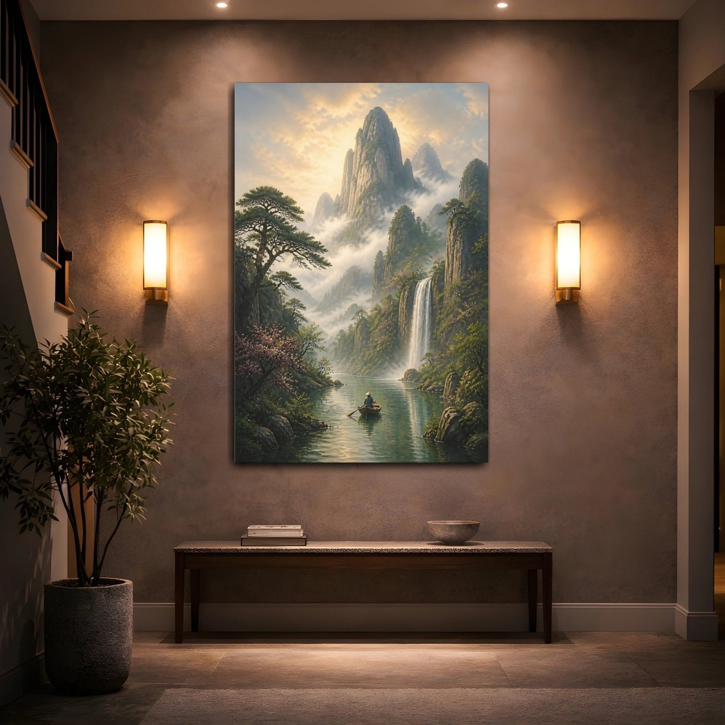 Nature Mountain Waterfall Misty Green Landscape Canvas Print – Living Room, Above Couch - YesArtYes
