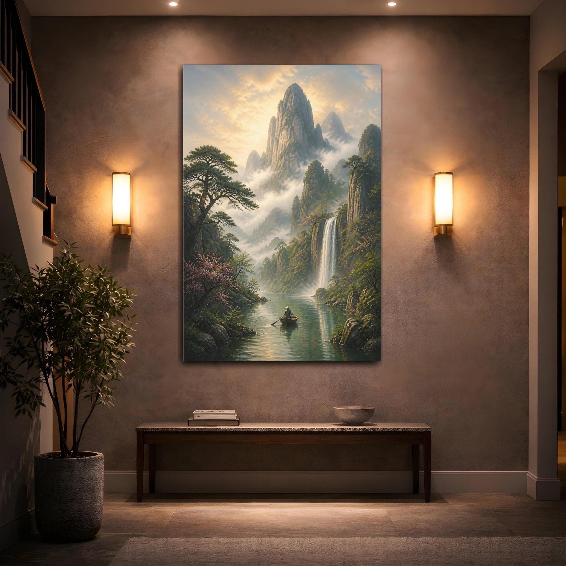 Nature Mountain Waterfall Misty Green Landscape Canvas Print – Living Room, Above Couch - YesArtYes