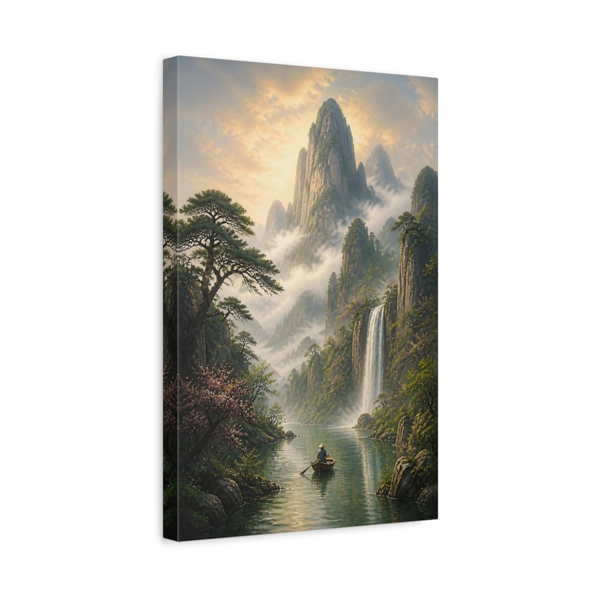 Nature Mountain Waterfall Misty Green Landscape Canvas Print – Living Room, Above Couch - YesArtYes