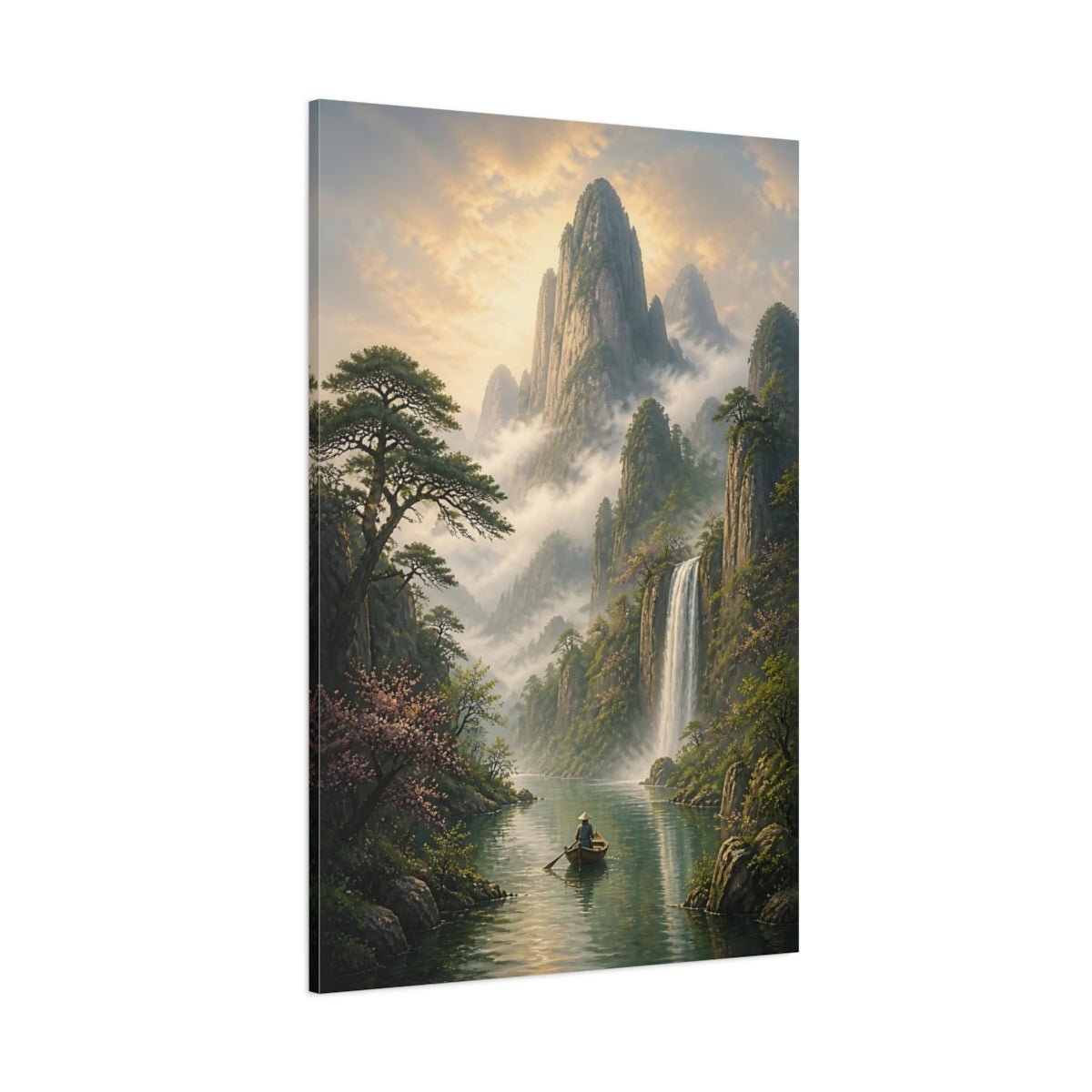 Nature Mountain Waterfall Misty Green Landscape Canvas Print – Living Room, Above Couch - YesArtYes