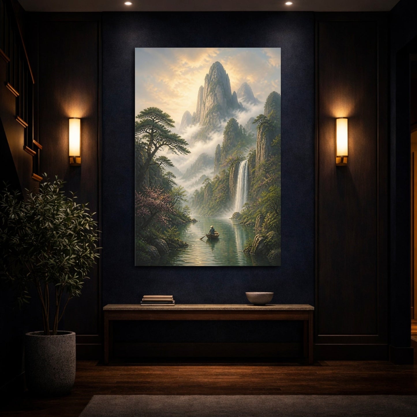 Nature Mountain Waterfall Misty Green Landscape Canvas Print – Living Room, Above Couch - YesArtYes