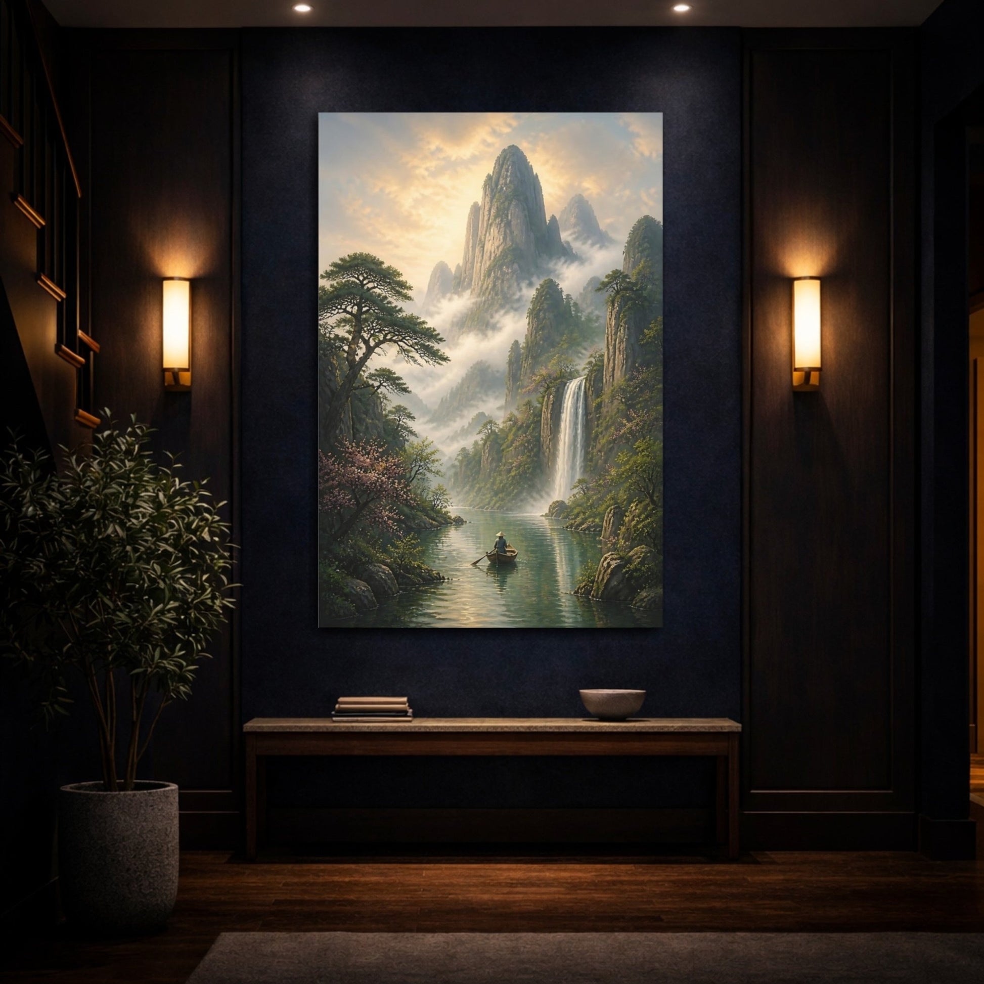 Nature Mountain Waterfall Misty Green Landscape Canvas Print – Living Room, Above Couch - YesArtYes