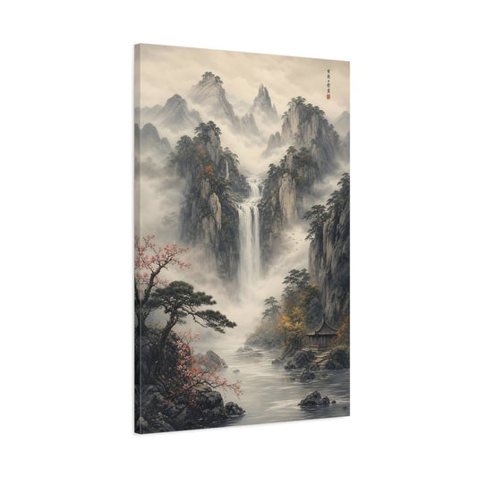 Nature Mountain Waterfall Misty Grey Landscape Canvas Wall Art Print – Ink wash Living Room, Large - YesArtYes