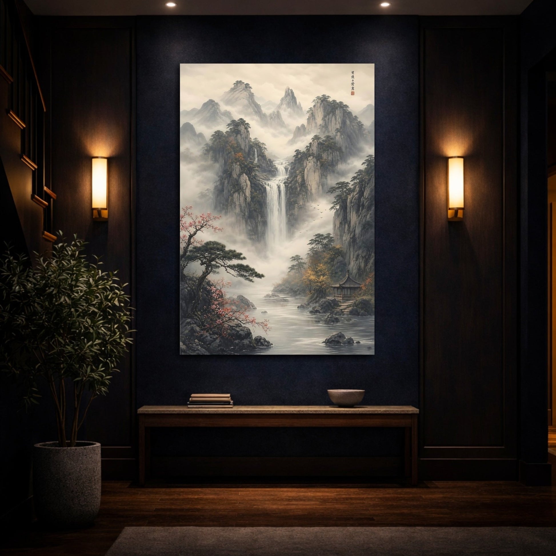 Nature Mountain Waterfall Misty Grey Landscape Canvas Wall Art Print – Ink wash Living Room, Large - YesArtYes