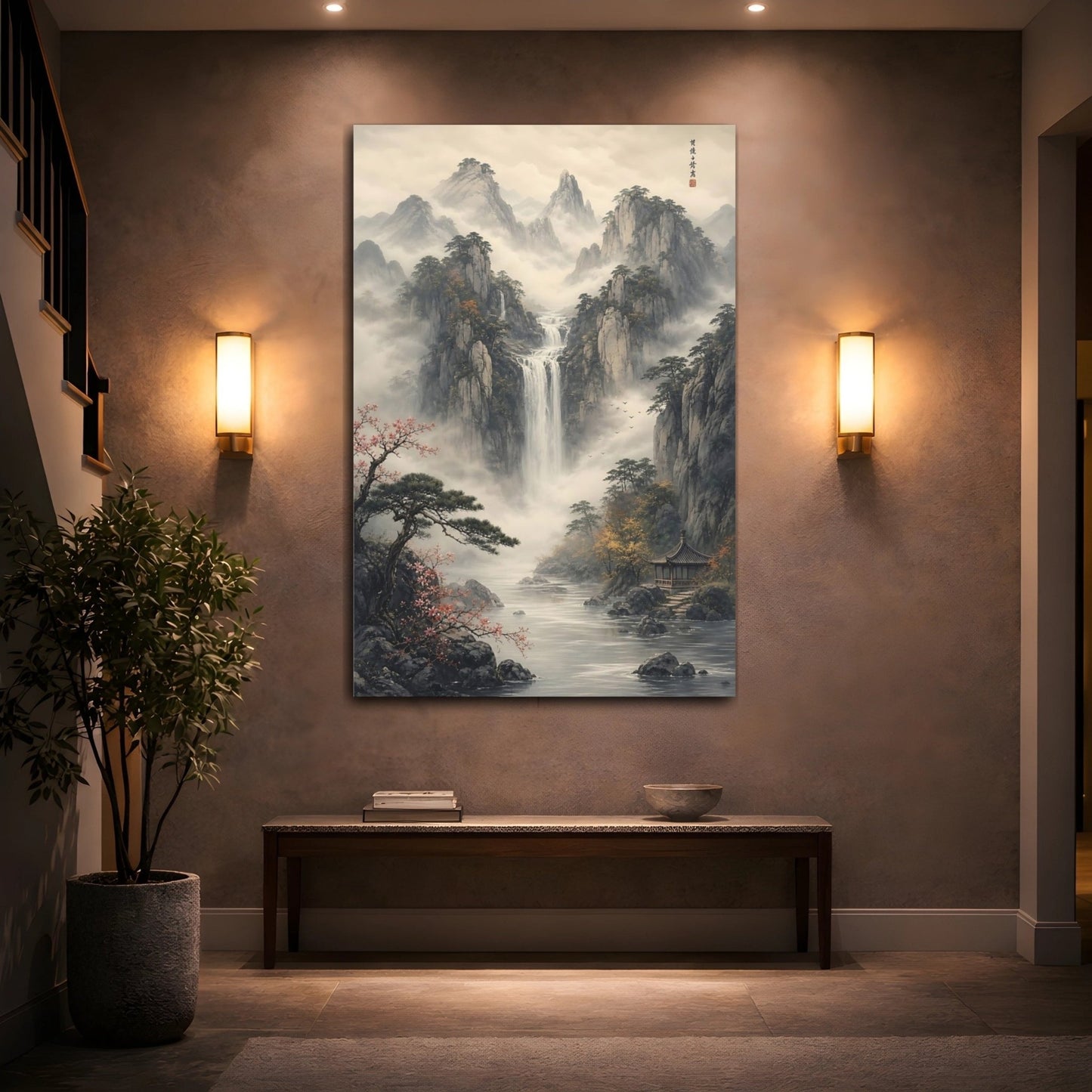 Nature Mountain Waterfall Misty Grey Landscape Canvas Wall Art Print – Ink wash Living Room, Large - YesArtYes