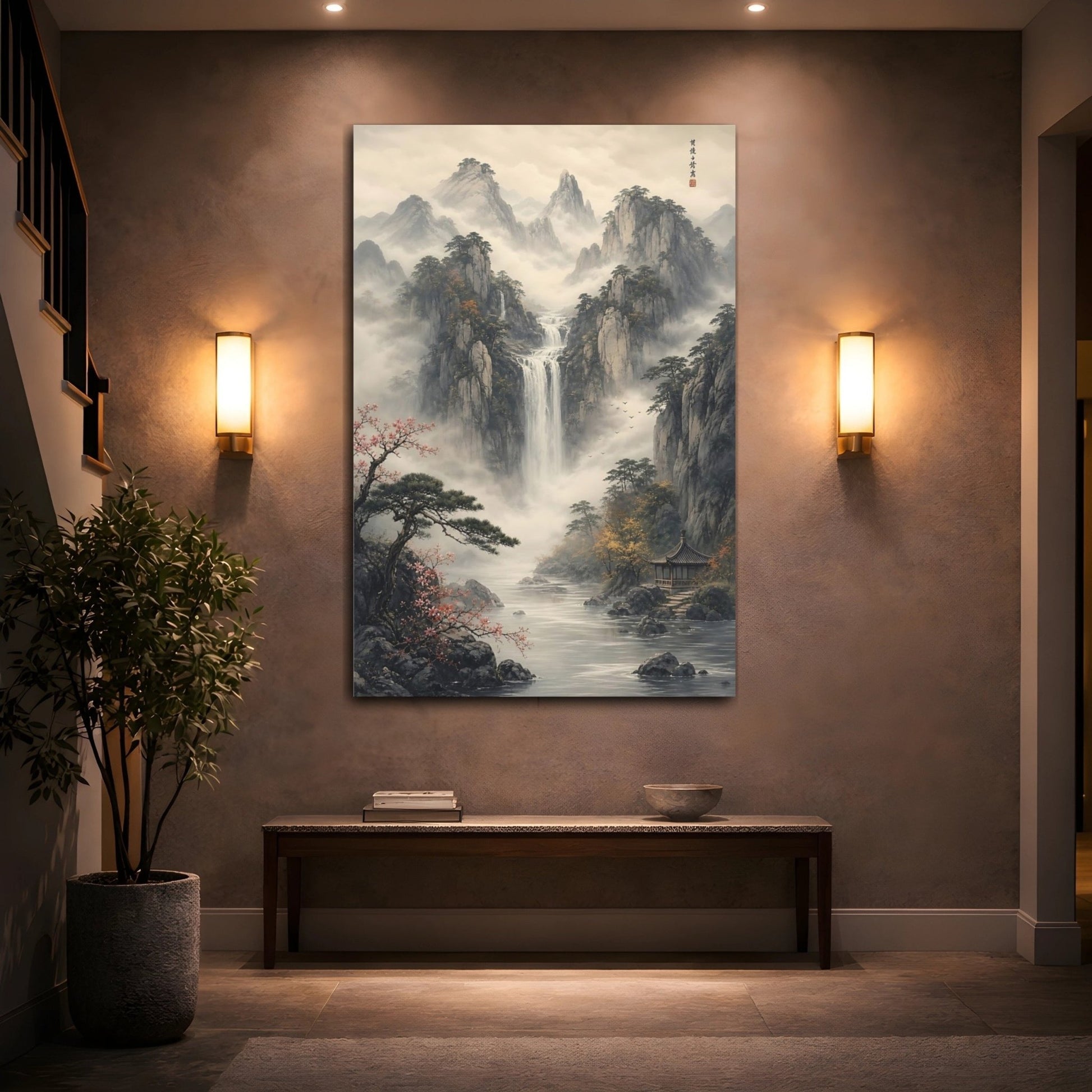 Nature Mountain Waterfall Misty Grey Landscape Canvas Wall Art Print – Ink wash Living Room, Large - YesArtYes