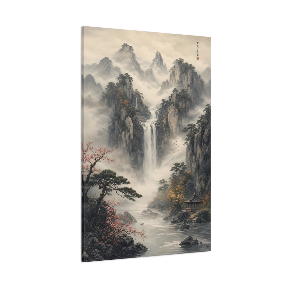 Nature Mountain Waterfall Misty Grey Landscape Canvas Wall Art Print – Ink wash Living Room, Large - YesArtYes