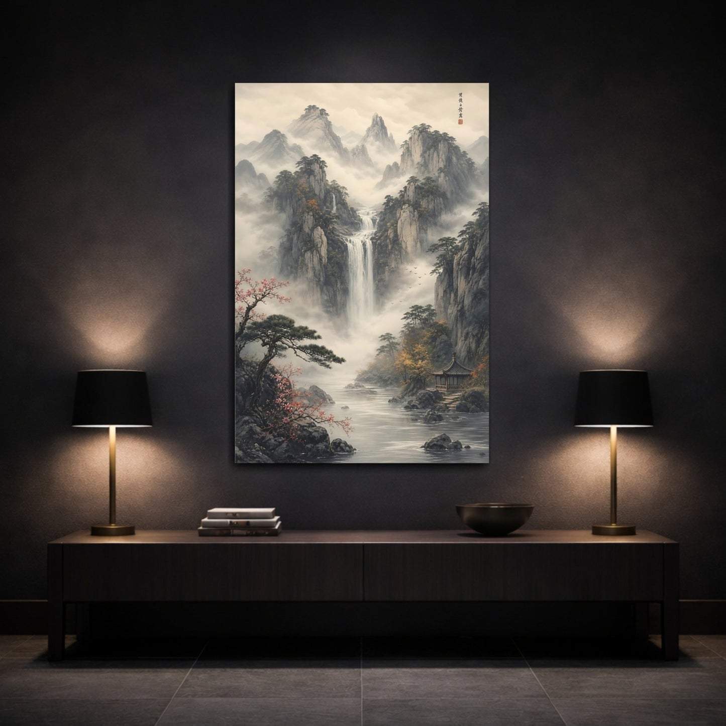 Nature Mountain Waterfall Misty Grey Landscape Canvas Wall Art Print – Ink wash Living Room, Large - YesArtYes