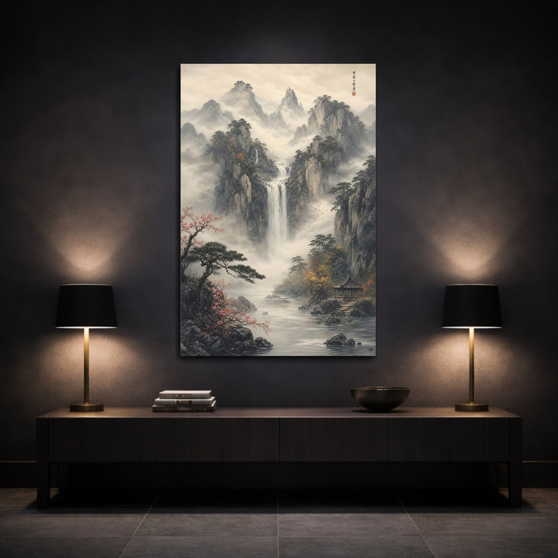 Nature Mountain Waterfall Misty Grey Landscape Canvas Wall Art Print – Ink wash Living Room, Large - YesArtYes