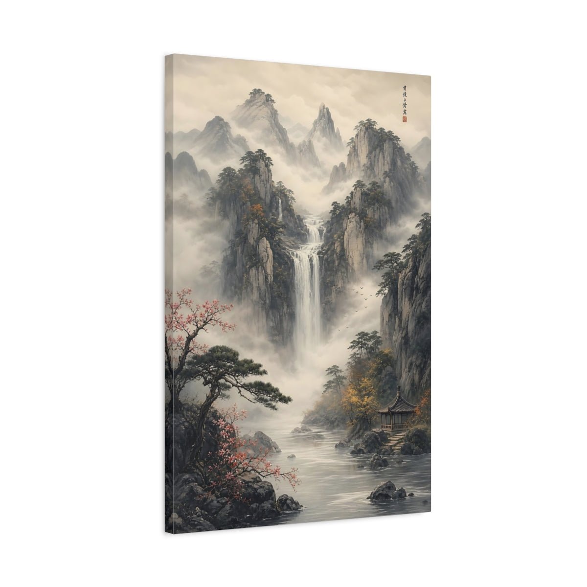 Nature Mountain Waterfall Misty Grey Landscape Canvas Wall Art Print – Ink wash Living Room, Large - YesArtYes