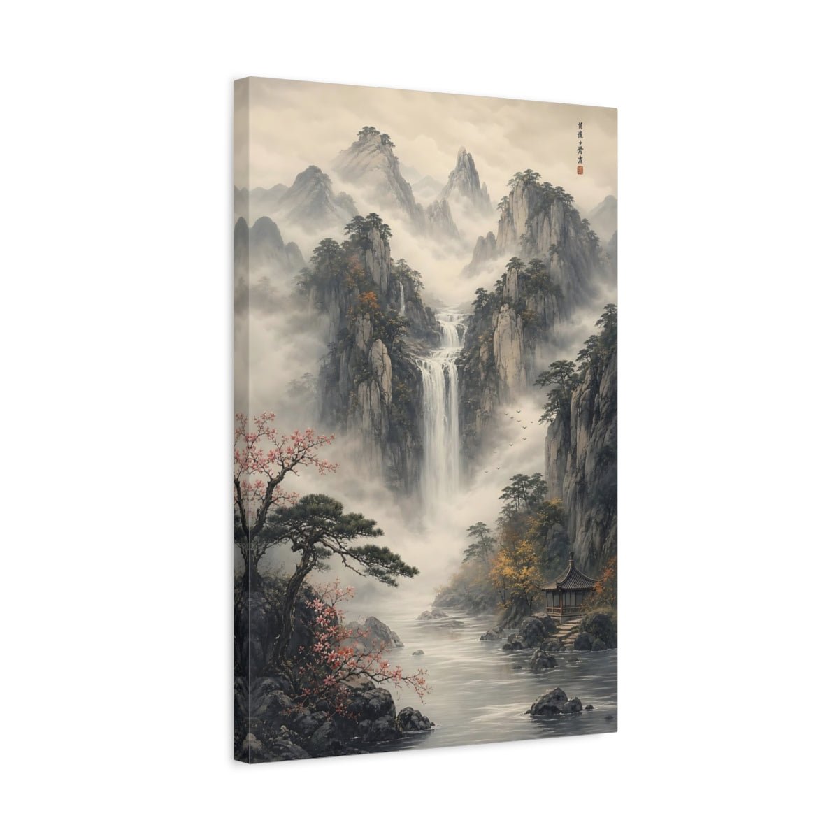 Nature Mountain Waterfall Misty Grey Landscape Canvas Wall Art Print – Ink wash Living Room, Large - YesArtYes
