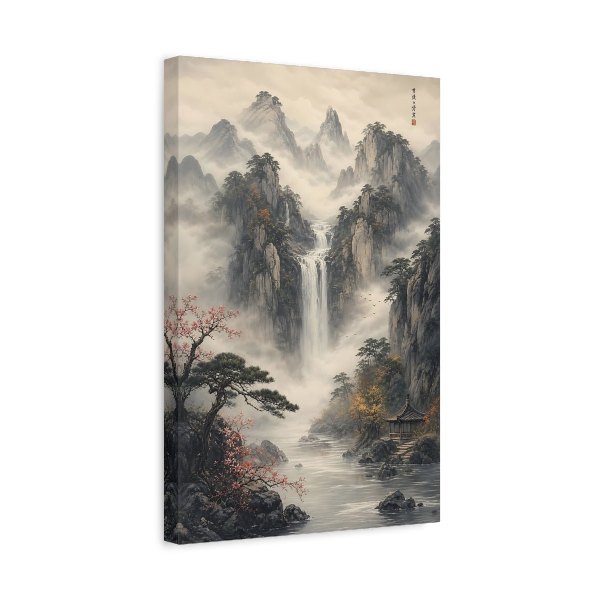 Nature Mountain Waterfall Misty Grey Landscape Canvas Wall Art Print – Ink wash Living Room, Large - YesArtYes