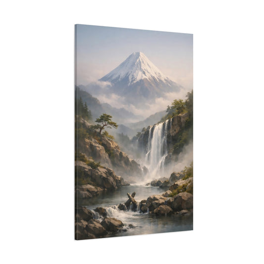 Main Mockup. Nature Mountain Waterfall Misty Mountain Waterfall shown as stretched canvas wall art