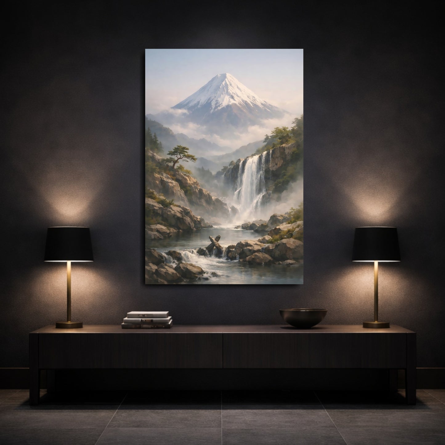 Mockup 2. Nature Mountain Waterfall Misty Mountain Waterfall shown as stretched canvas wall art