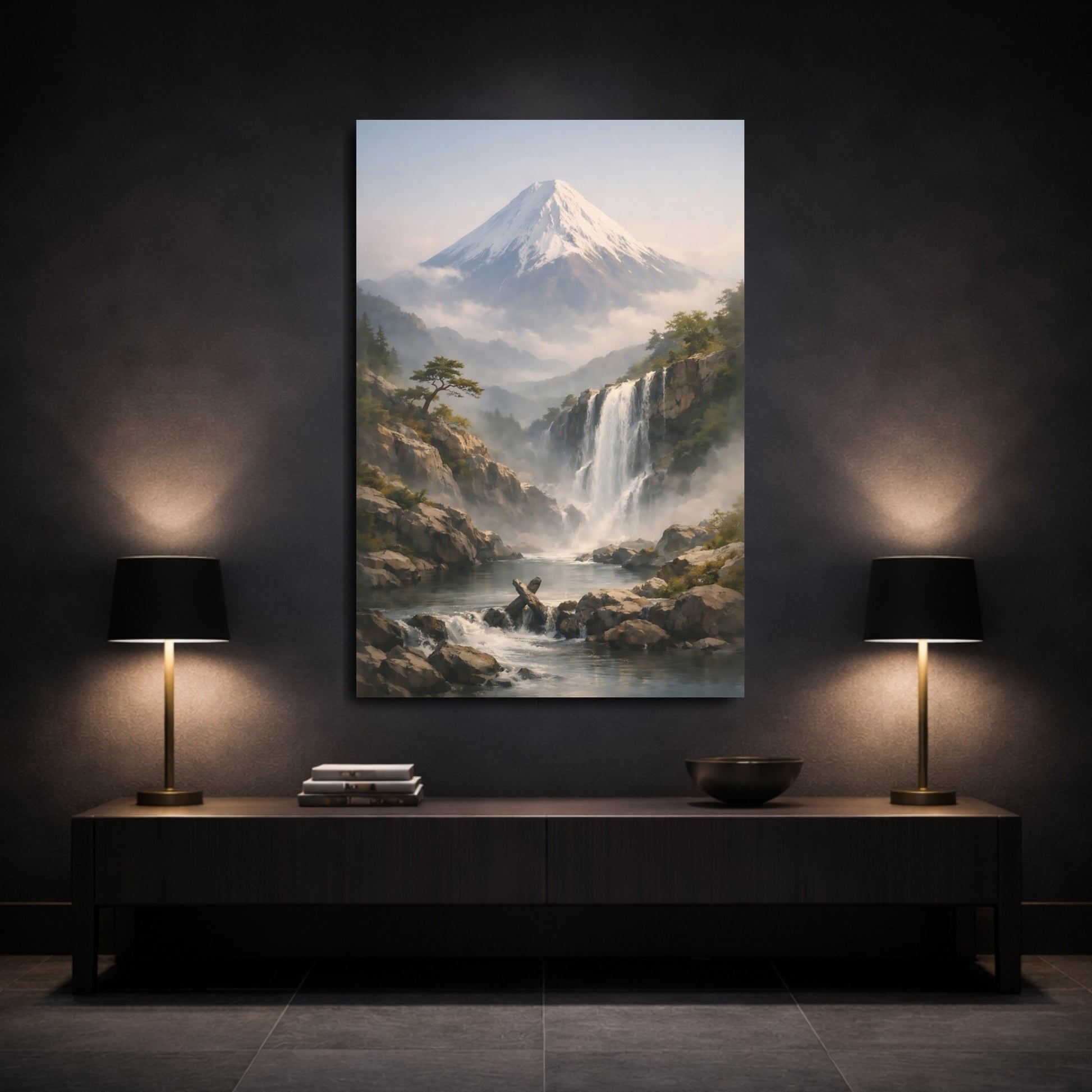 Mockup 2. Nature Mountain Waterfall Misty Mountain Waterfall shown as stretched canvas wall art