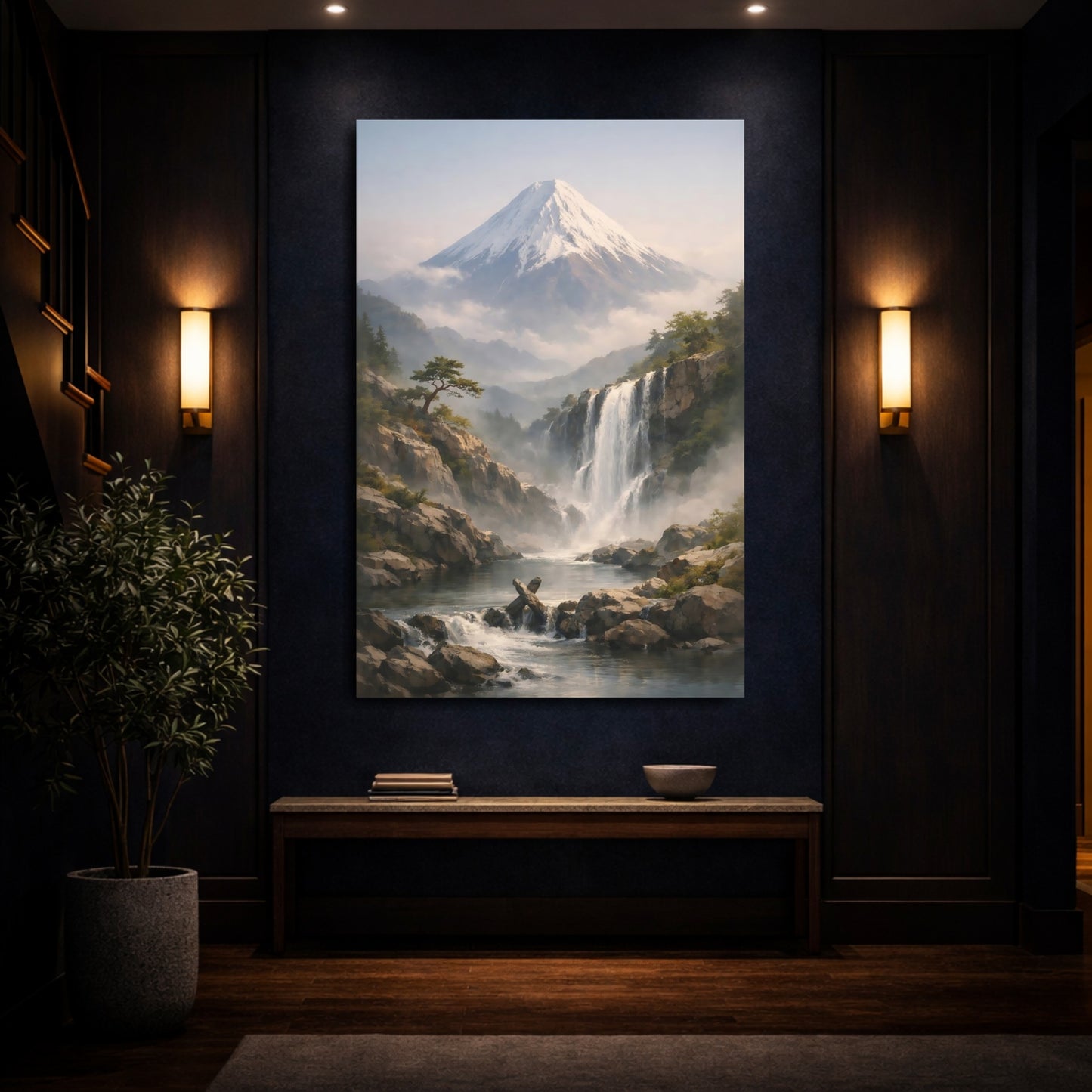 Mockup 3. Nature Mountain Waterfall Misty Mountain Waterfall shown as stretched canvas wall art