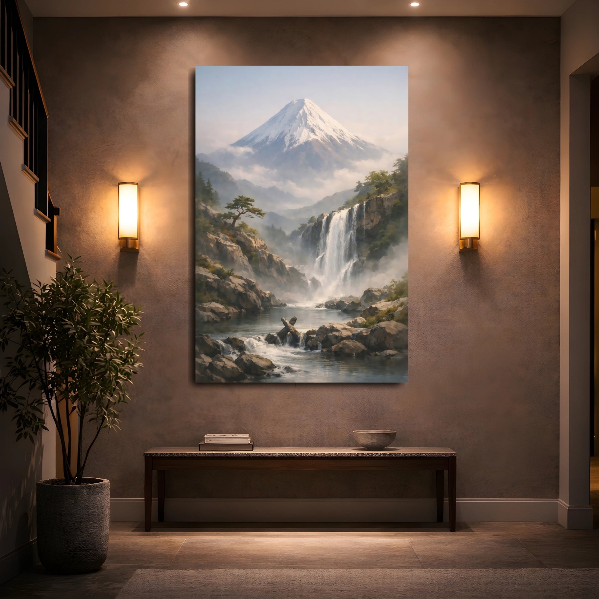Mockup 4. Nature Mountain Waterfall Misty Mountain Waterfall shown as stretched canvas wall art