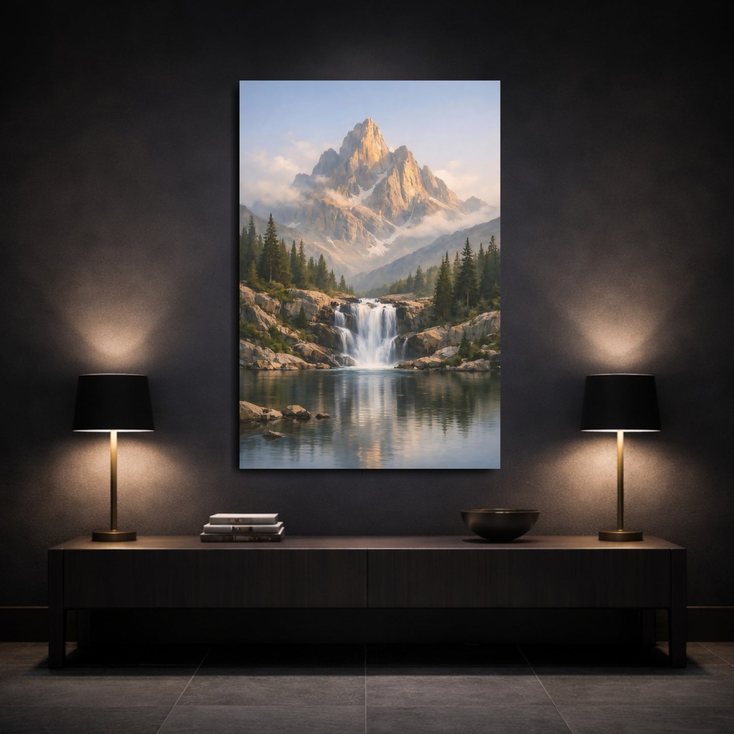 Mockup 2. Nature Mountain Waterfall Mountain Lake Forest shown as stretched canvas wall art