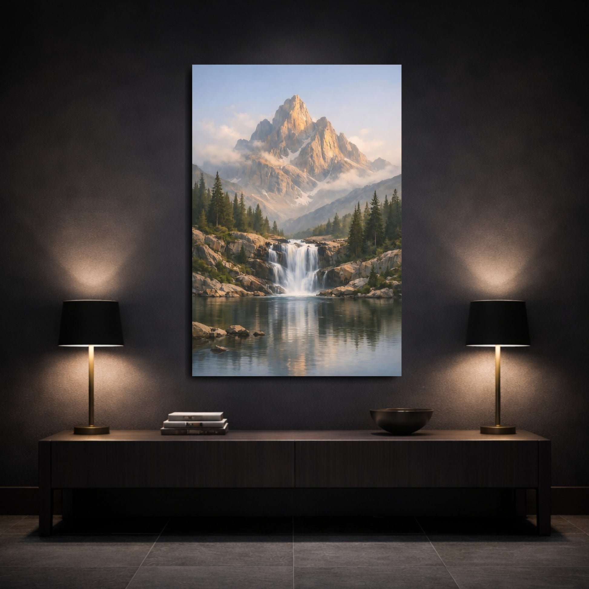 Mockup 2. Nature Mountain Waterfall Mountain Lake Forest shown as stretched canvas wall art