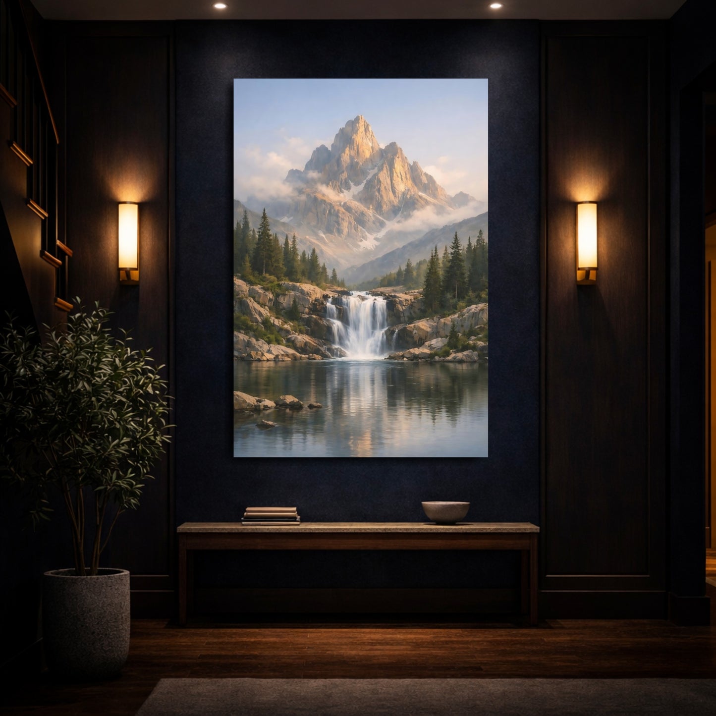Mockup 3. Nature Mountain Waterfall Mountain Lake Forest shown as stretched canvas wall art