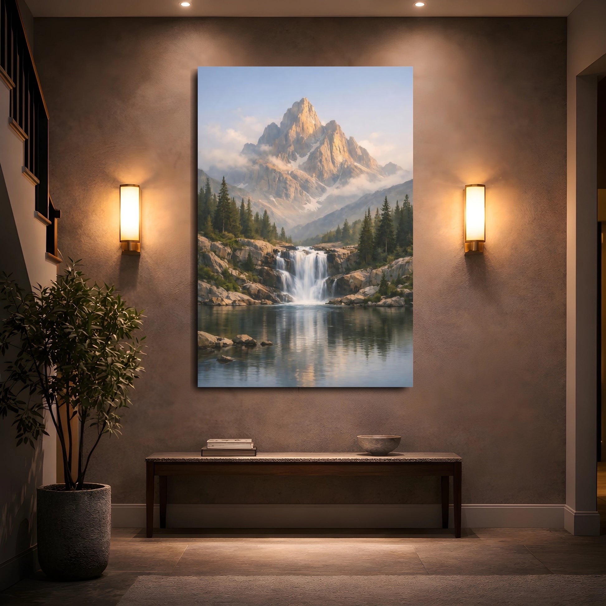Mockup 4. Nature Mountain Waterfall Mountain Lake Forest shown as stretched canvas wall art