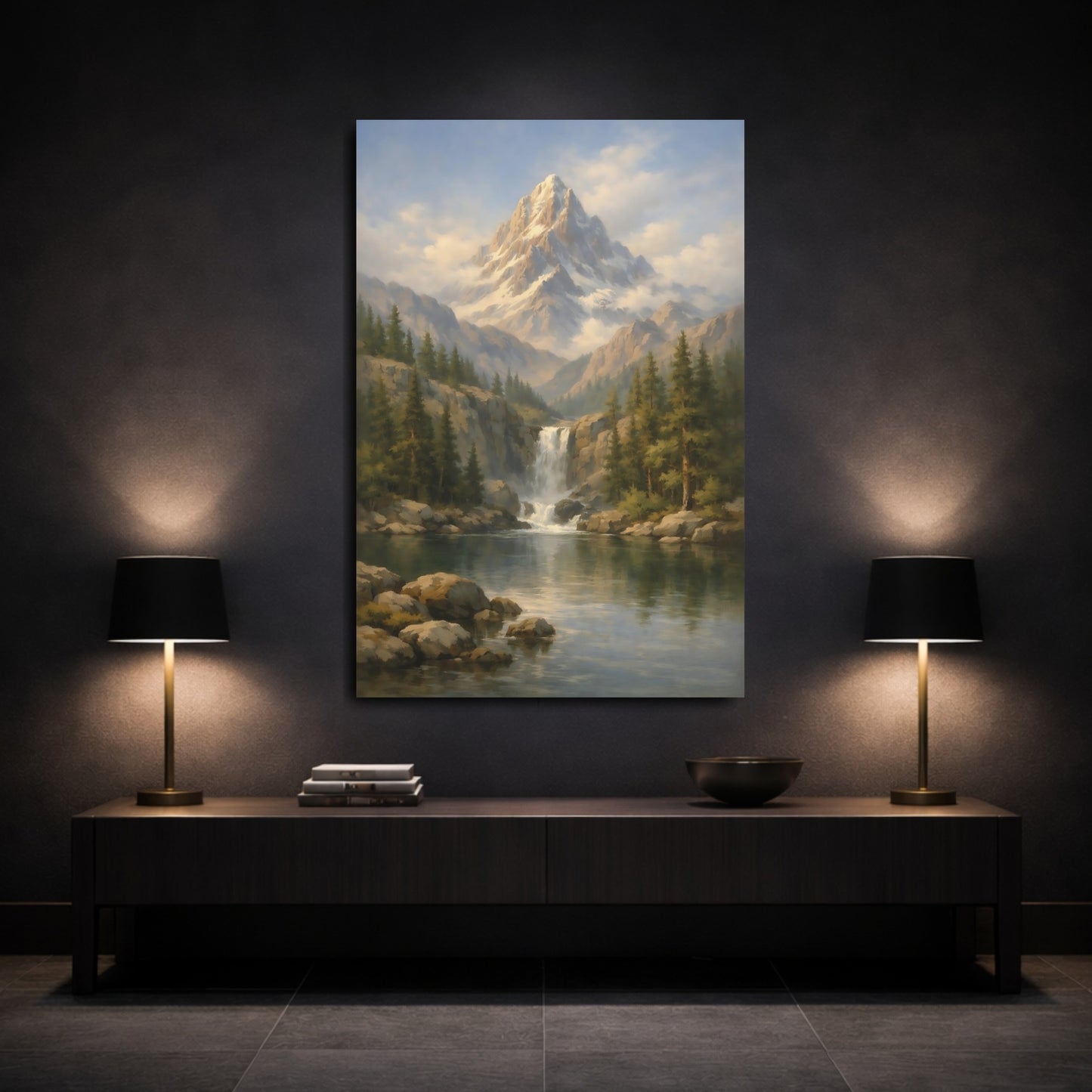Mockup 2. Nature Mountain Waterfall Mountain Lake Landscape shown as stretched canvas wall art