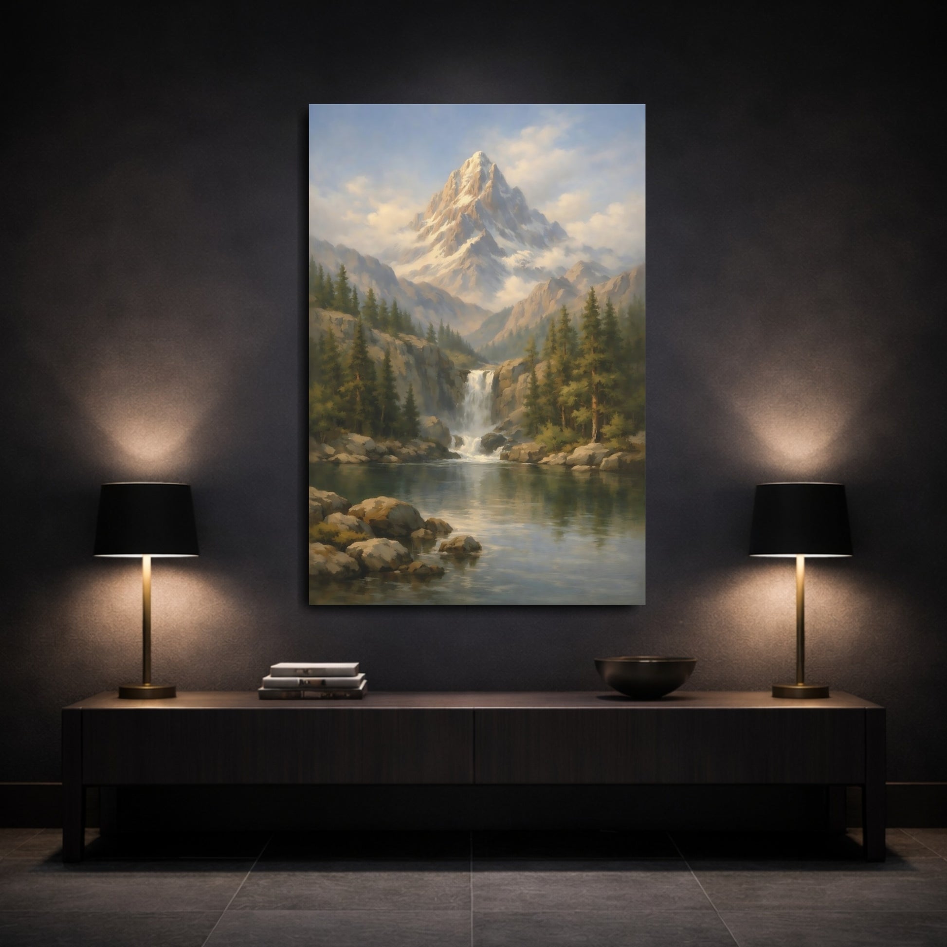 Mockup 2. Nature Mountain Waterfall Mountain Lake Landscape shown as stretched canvas wall art