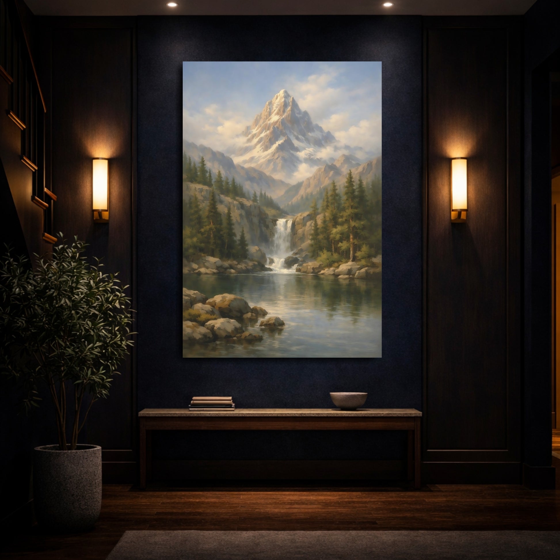 Mockup 3. Nature Mountain Waterfall Mountain Lake Landscape shown as stretched canvas wall art