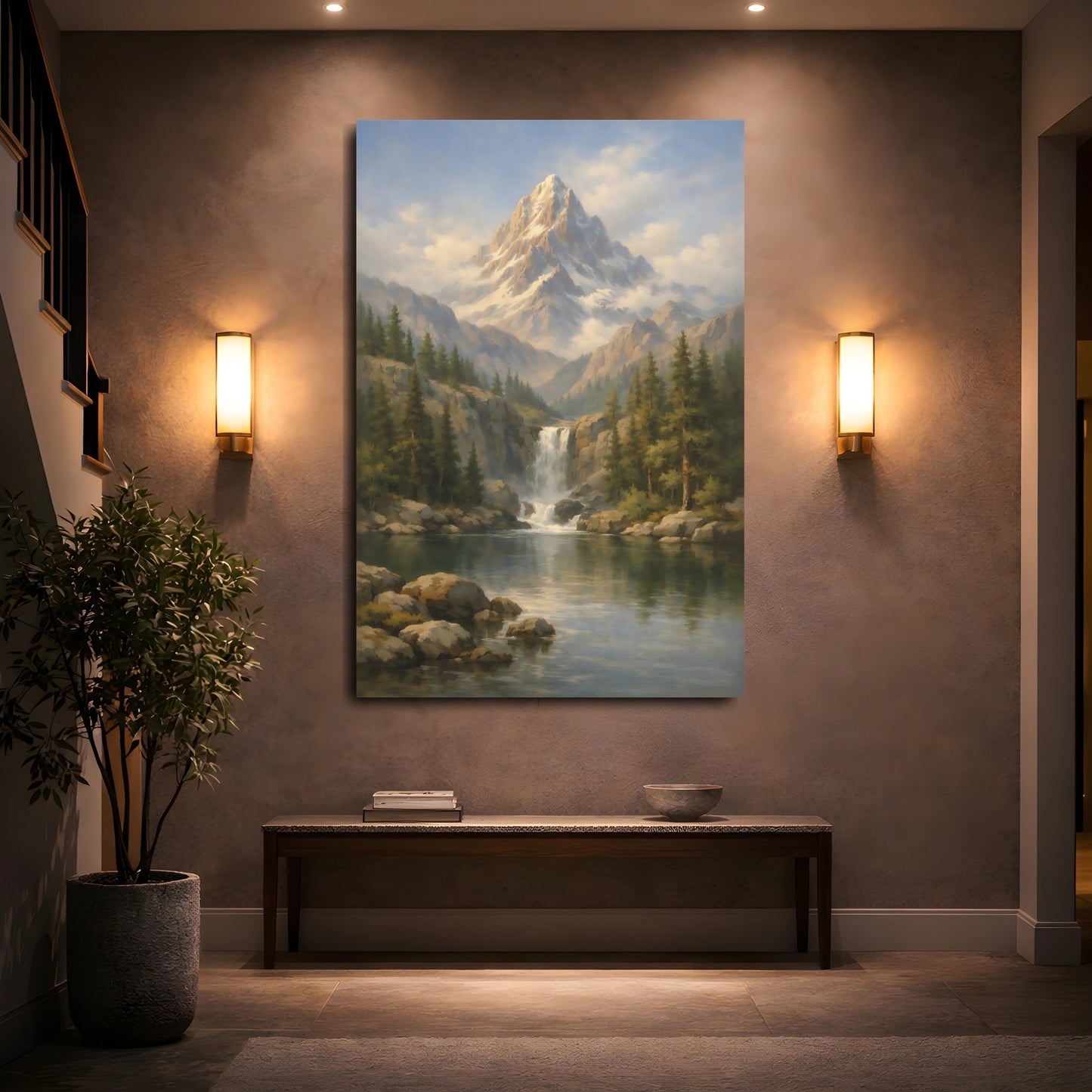 Mockup 4. Nature Mountain Waterfall Mountain Lake Landscape shown as stretched canvas wall art