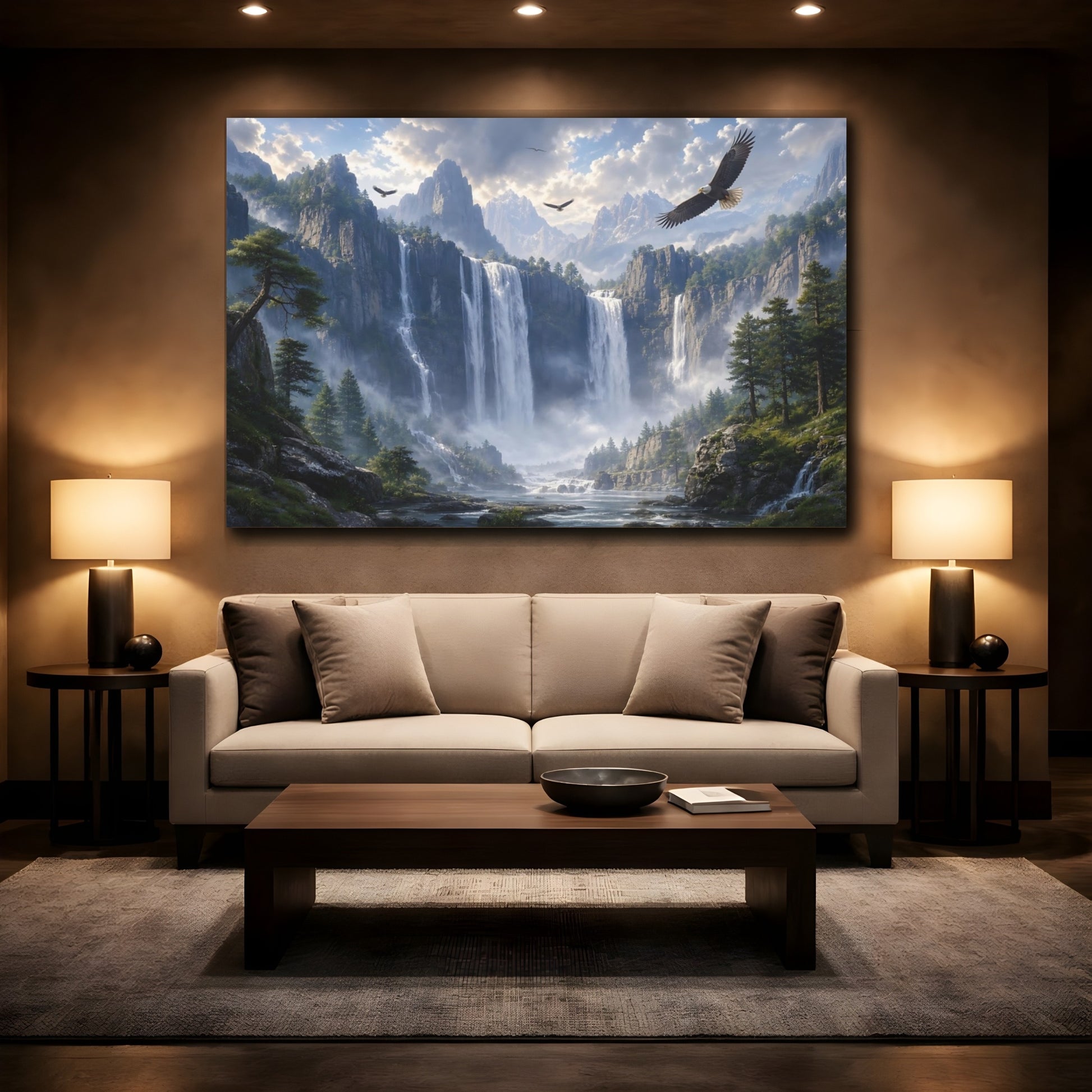 Mockup 2. Nature Mountain Waterfall Mountain Waterfall shown as stretched canvas wall art