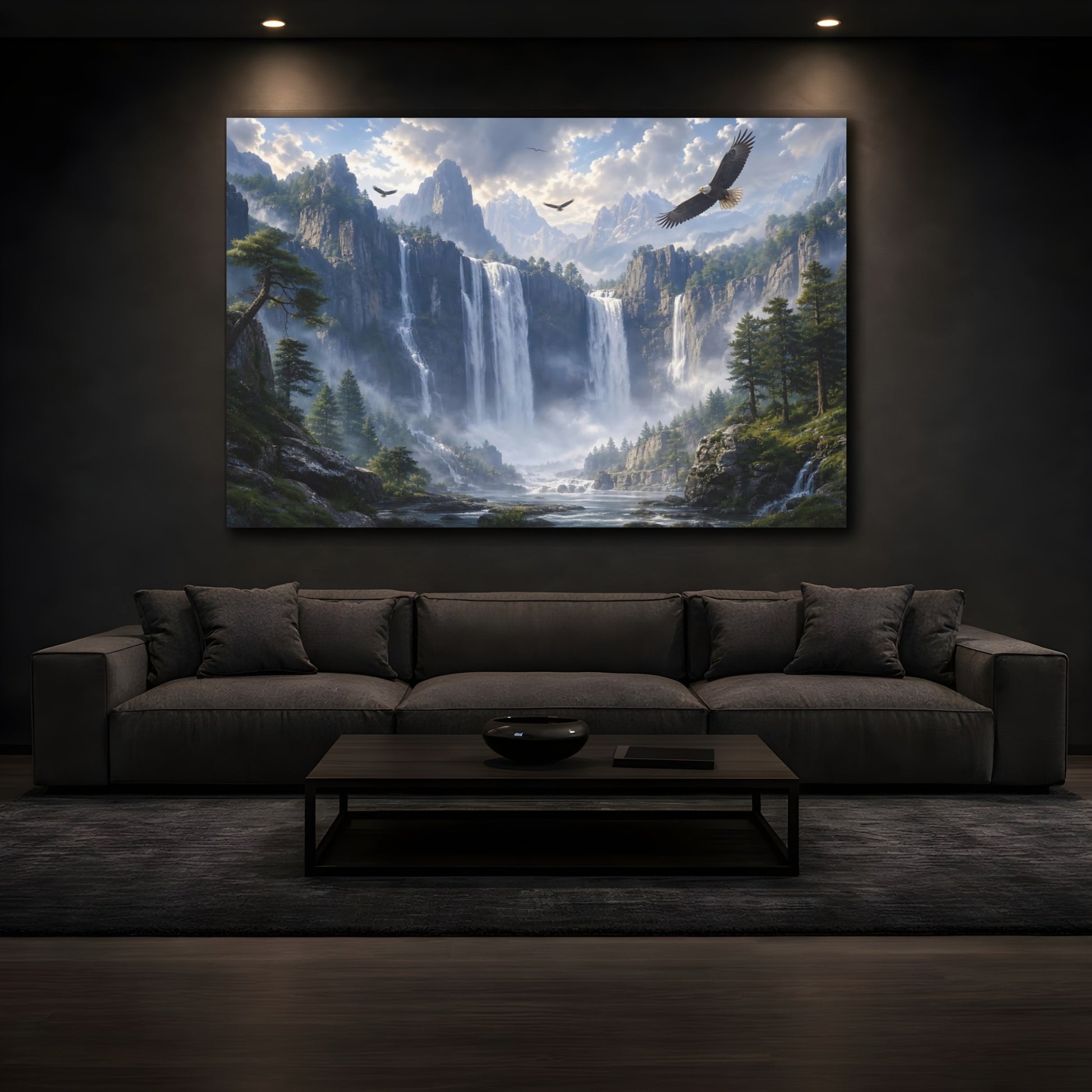 Mockup 3. Nature Mountain Waterfall Mountain Waterfall shown as stretched canvas wall art
