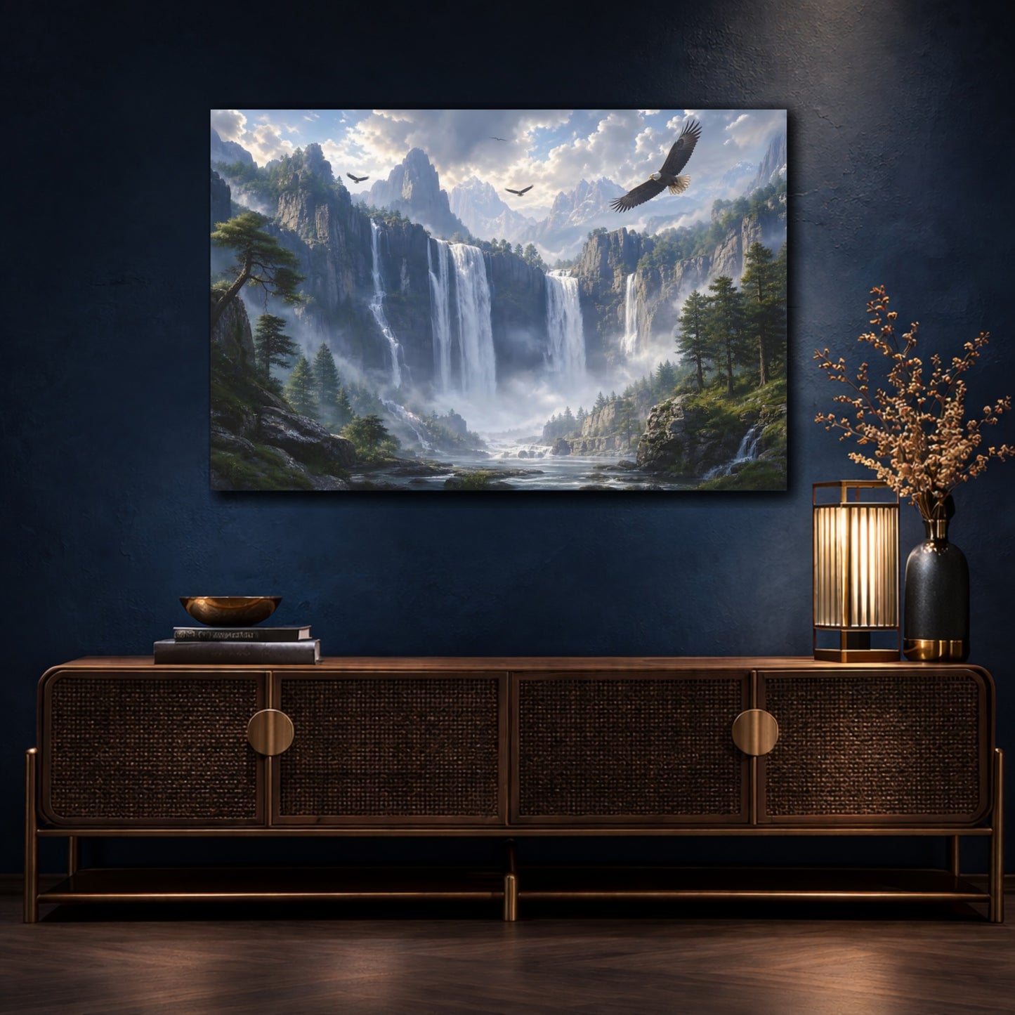 Mockup 4. Nature Mountain Waterfall Mountain Waterfall shown as stretched canvas wall art
