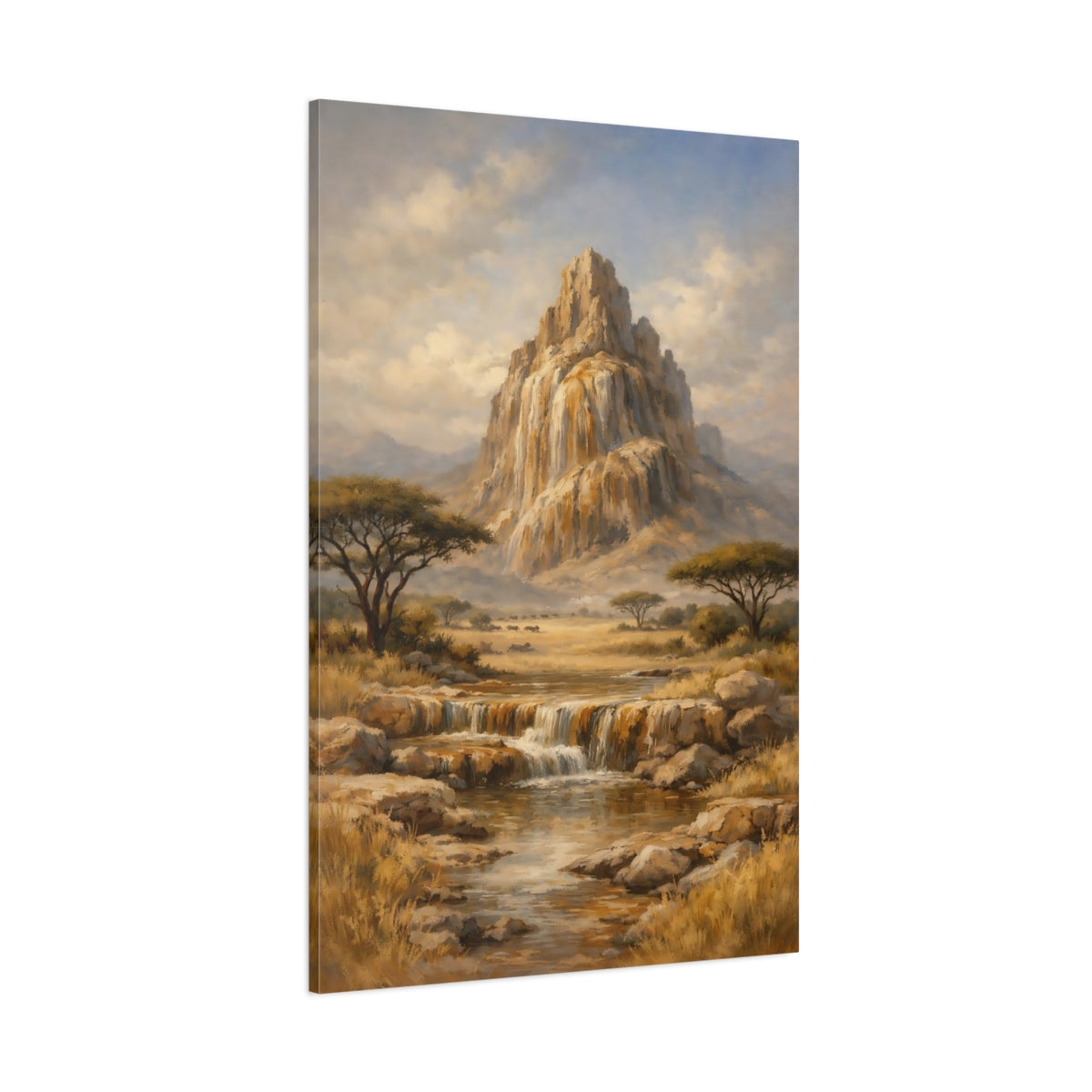 Main Mockup. Nature Mountain Waterfall Savanna Landscape shown as stretched canvas wall art