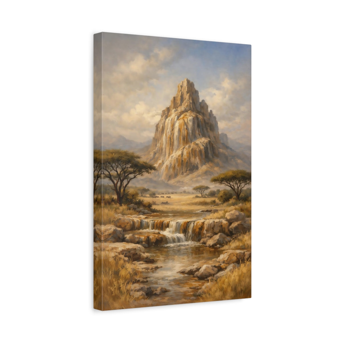 Side Mockup 4. Nature Mountain Waterfall Savanna Landscape shown as stretched canvas wall art