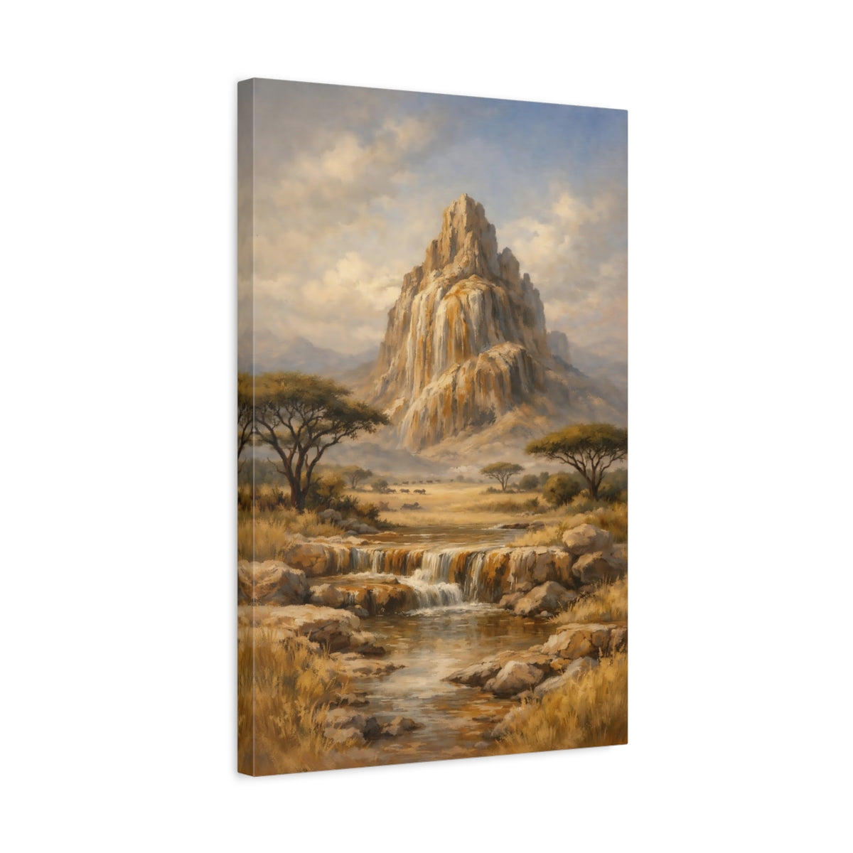 Side Mockup 3. Nature Mountain Waterfall Savanna Landscape shown as stretched canvas wall art
