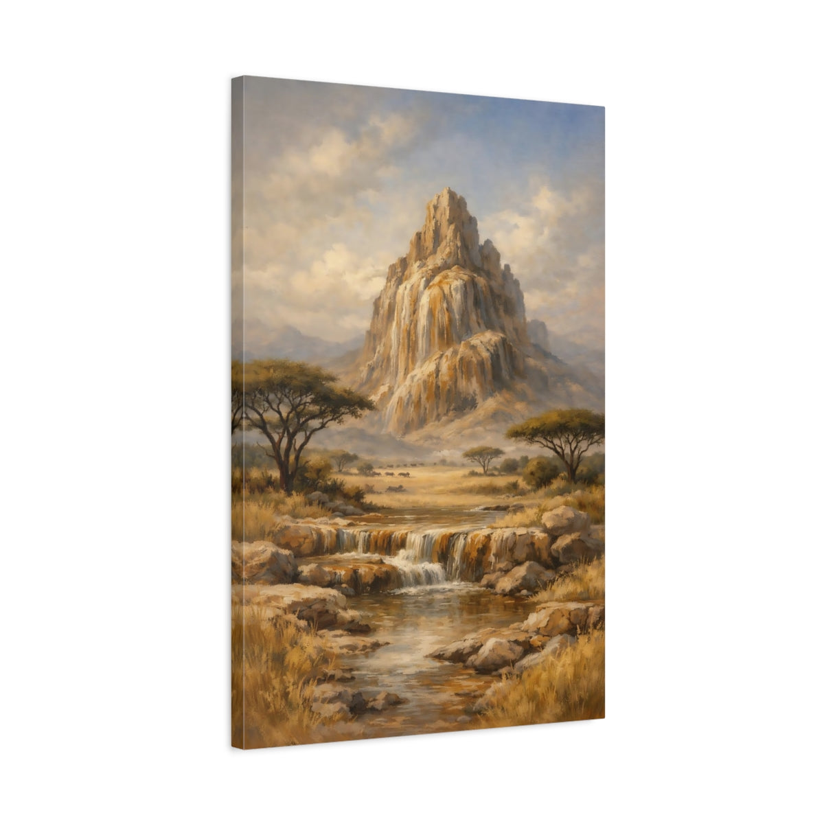 Side Mockup 2. Nature Mountain Waterfall Savanna Landscape shown as stretched canvas wall art