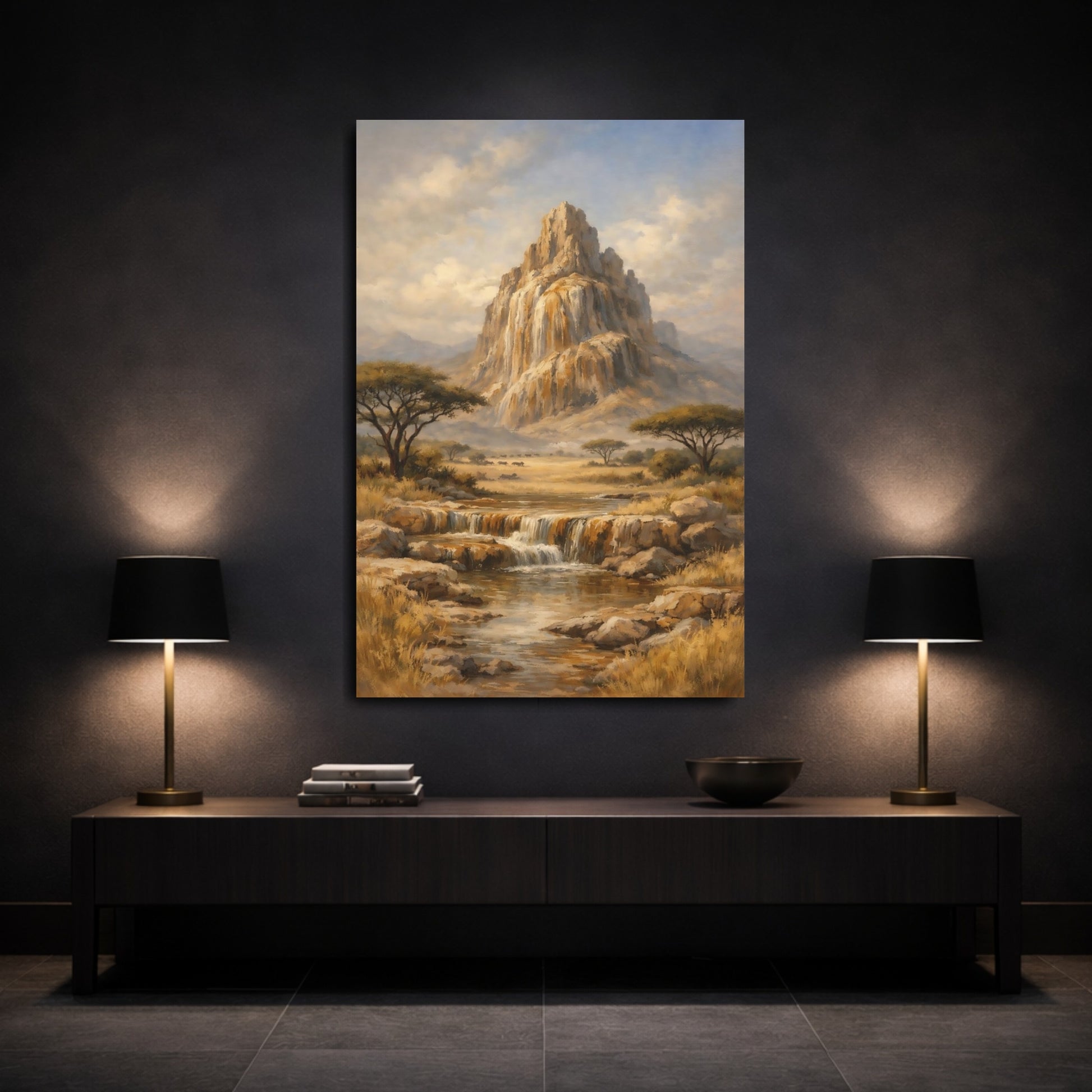 Mockup 2. Nature Mountain Waterfall Savanna Landscape shown as stretched canvas wall art