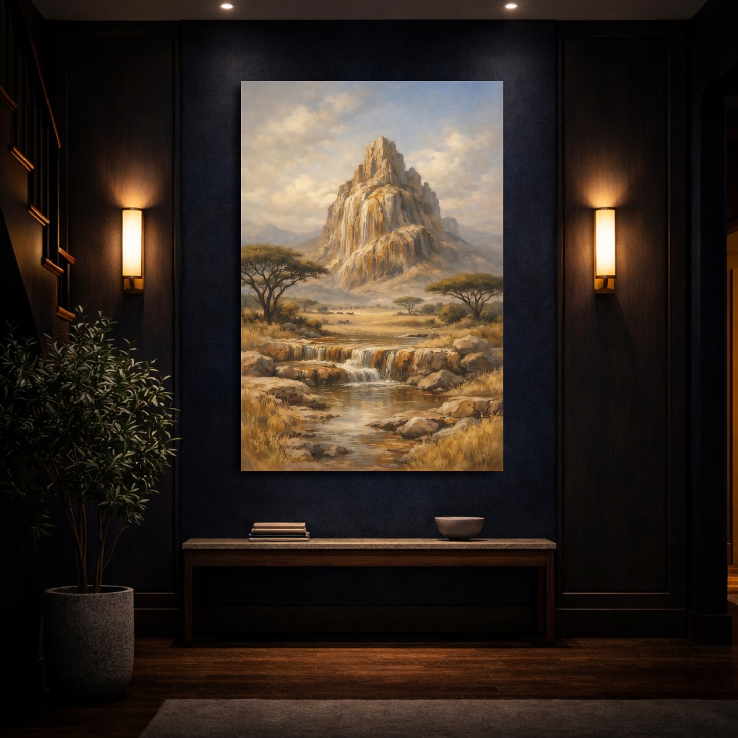 Mockup 3. Nature Mountain Waterfall Savanna Landscape shown as stretched canvas wall art