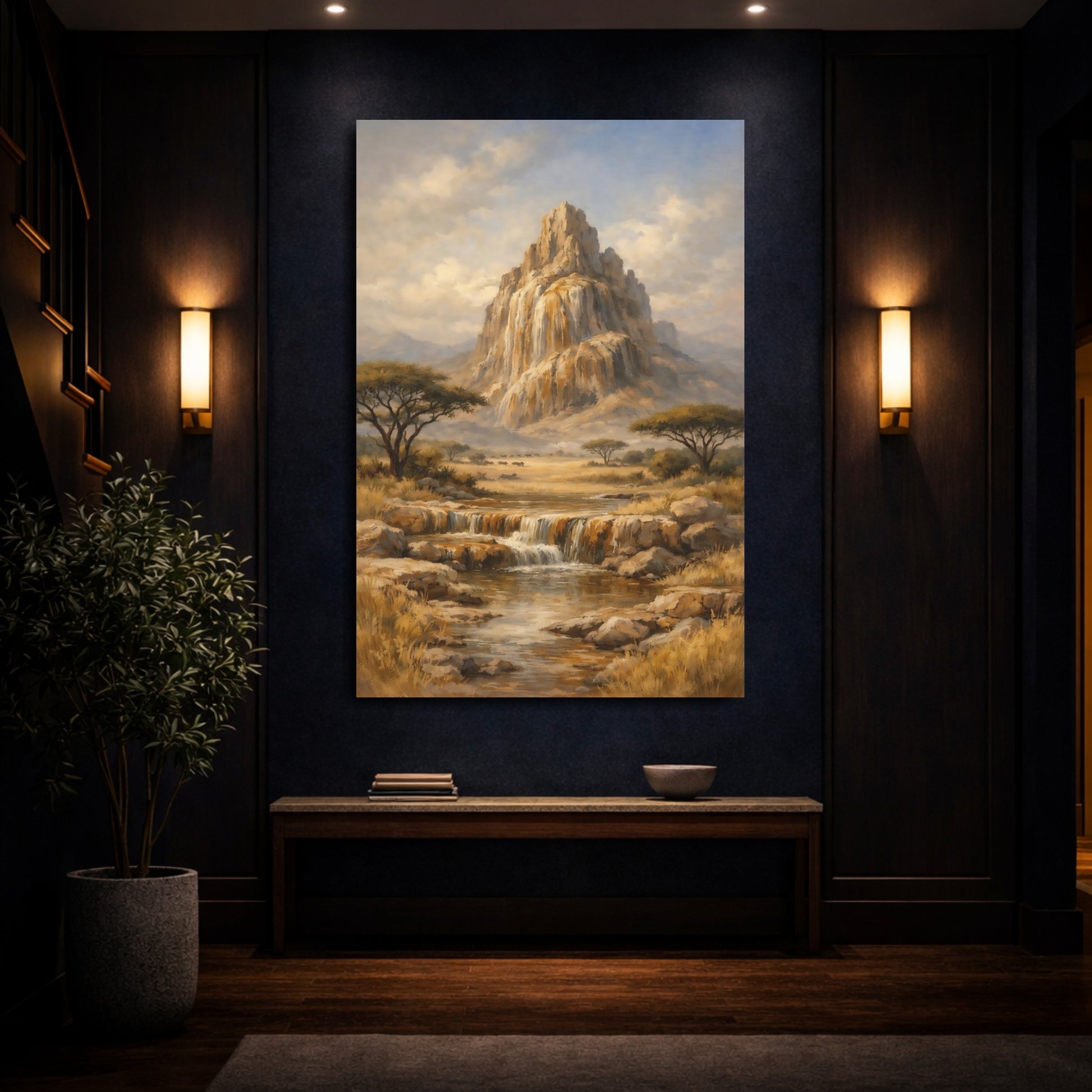 Mockup 3. Nature Mountain Waterfall Savanna Landscape shown as stretched canvas wall art