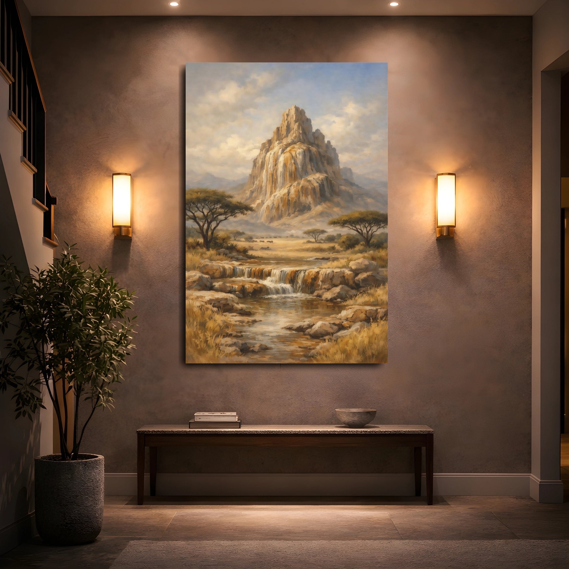 Mockup 4. Nature Mountain Waterfall Savanna Landscape shown as stretched canvas wall art