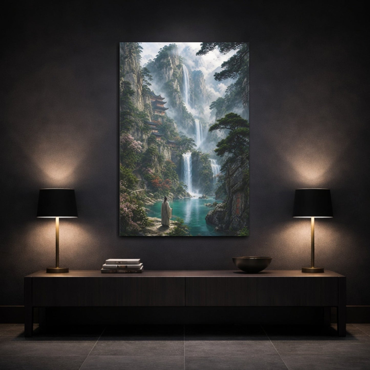 Nature Mountain Waterfalls Asian Landscape Canvas Print – Living Room, Above Couch, Green and Teal - YesArtYes