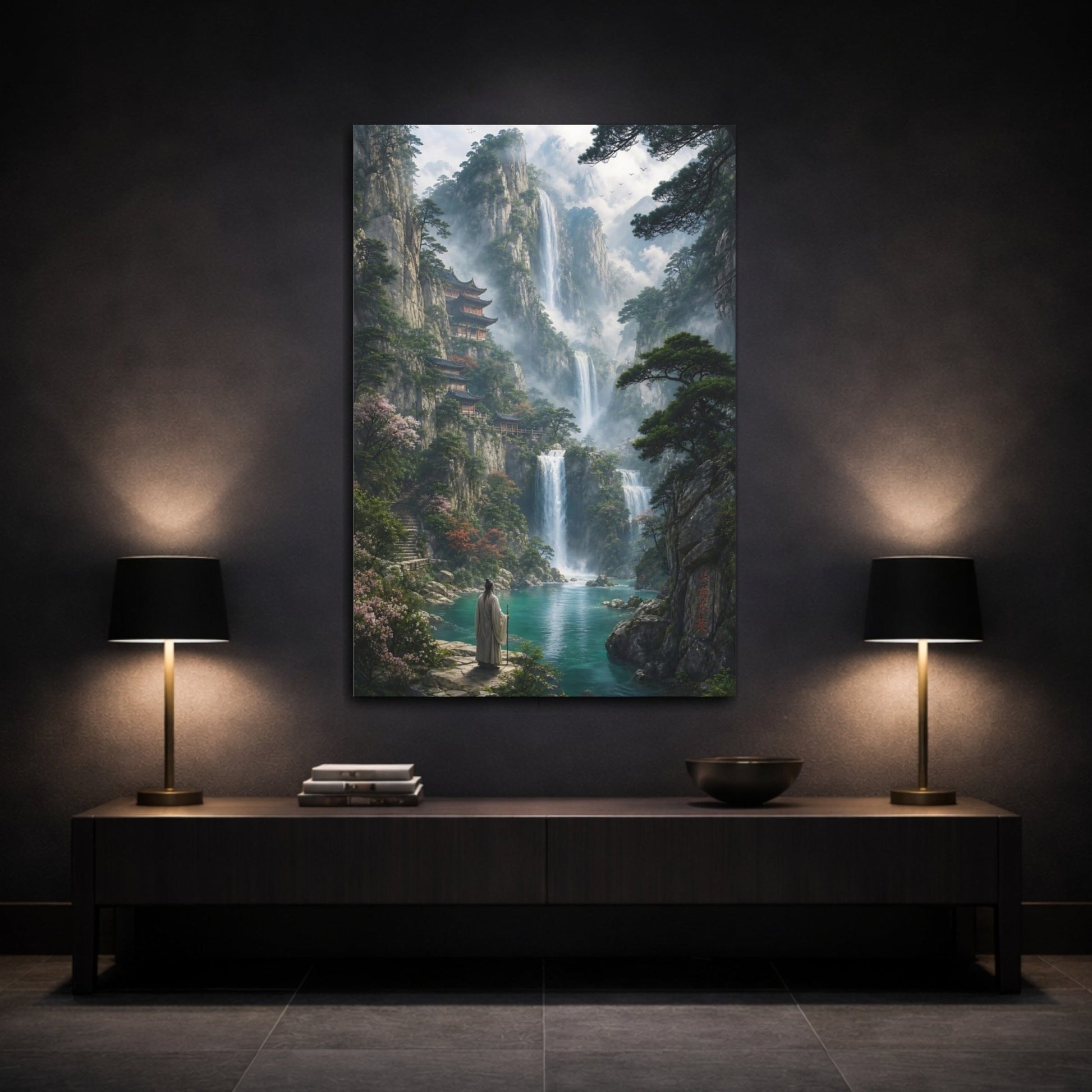Nature Mountain Waterfalls Asian Landscape Canvas Print – Living Room, Above Couch, Green and Teal - YesArtYes