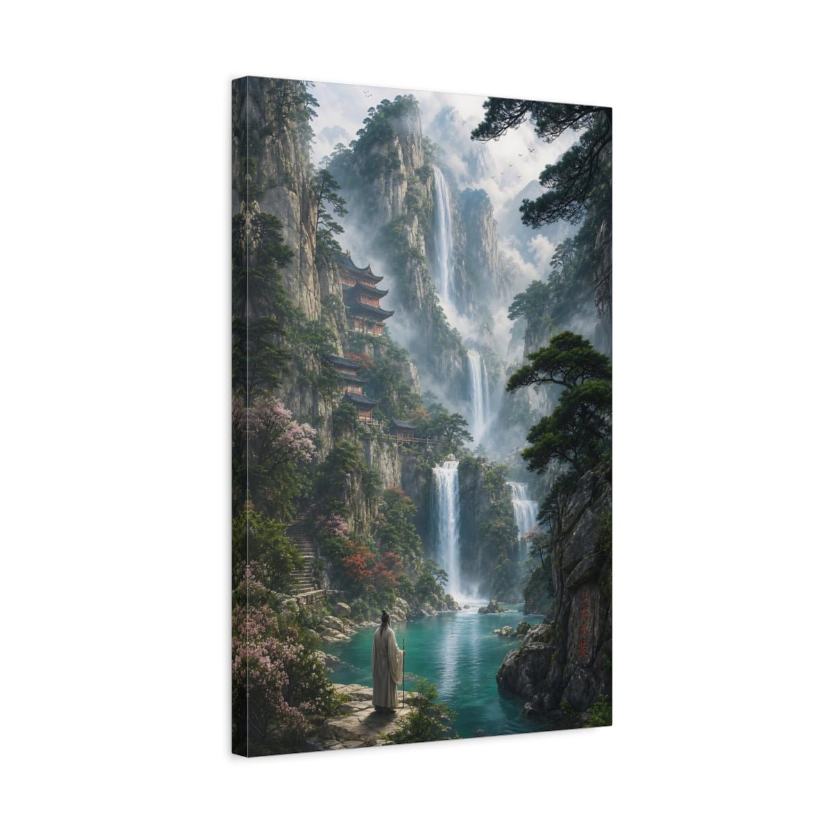 Nature Mountain Waterfalls Asian Landscape Canvas Print – Living Room, Above Couch, Green and Teal - YesArtYes