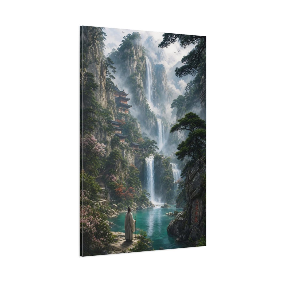 Nature Mountain Waterfalls Asian Landscape Canvas Print – Living Room, Above Couch, Green and Teal - YesArtYes