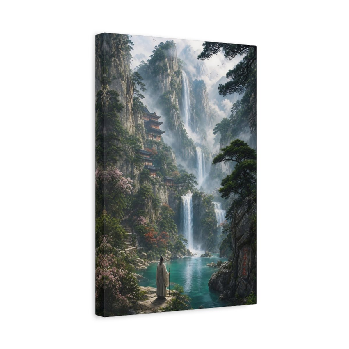 Nature Mountain Waterfalls Asian Landscape Canvas Print – Living Room, Above Couch, Green and Teal - YesArtYes