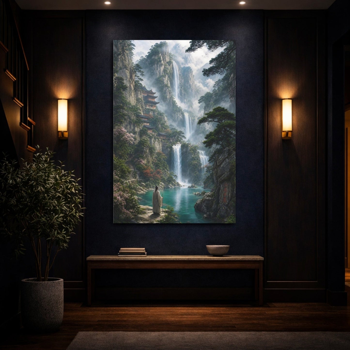 Nature Mountain Waterfalls Asian Landscape Canvas Print – Living Room, Above Couch, Green and Teal - YesArtYes