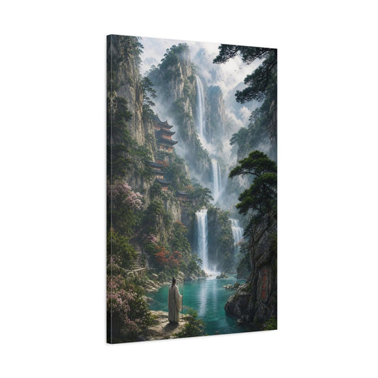 Nature Mountain Waterfalls Asian Landscape Canvas Print – Living Room, Above Couch, Green and Teal - YesArtYes