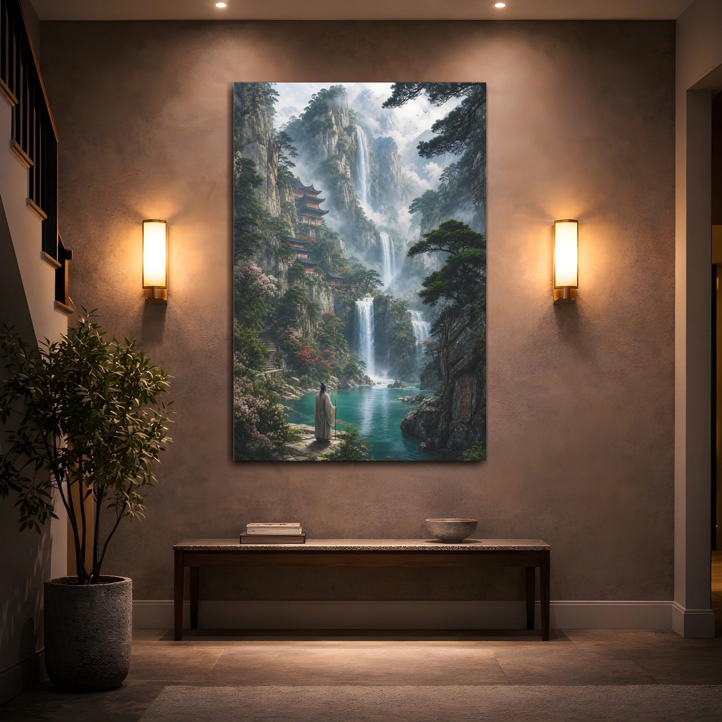 Mockup 2. Nature Mountain Waterfalls Asian Mountain Landscape shown as stretched canvas wall art
