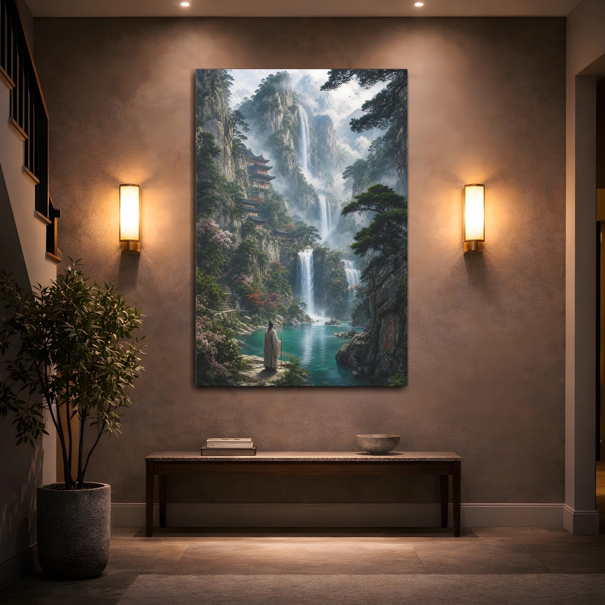 Mockup 2. Nature Mountain Waterfalls Asian Mountain Landscape shown as stretched canvas wall art